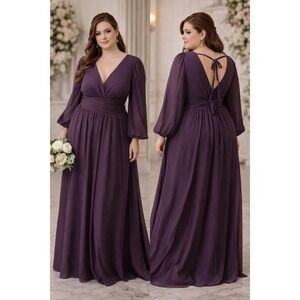 Azazie Norah Plum Chiffon Long Sleeve V-Neck Maxi Gown Dress Custom Plus Size